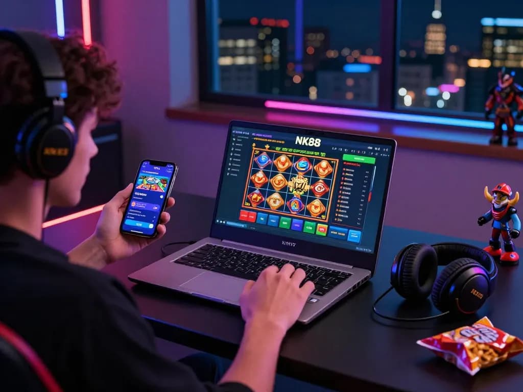 Engaged player enjoying NK88 online gaming experience with vibrant casino interface on laptop.
