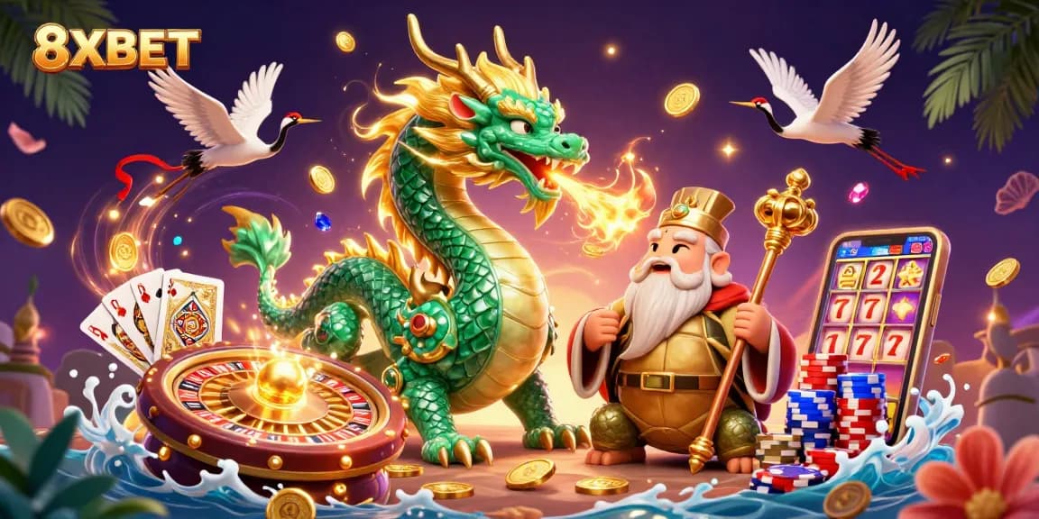 Experience thrilling wins with 8XBET's dynamic casino gaming, featuring lucky symbols and vibrant characters.