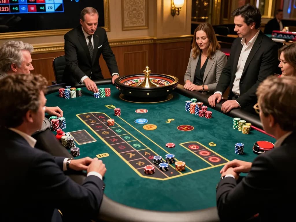 Players engaged in an intense LV88 roulette game at a luxurious casino, showcasing vibrant chips and strategic gameplay.