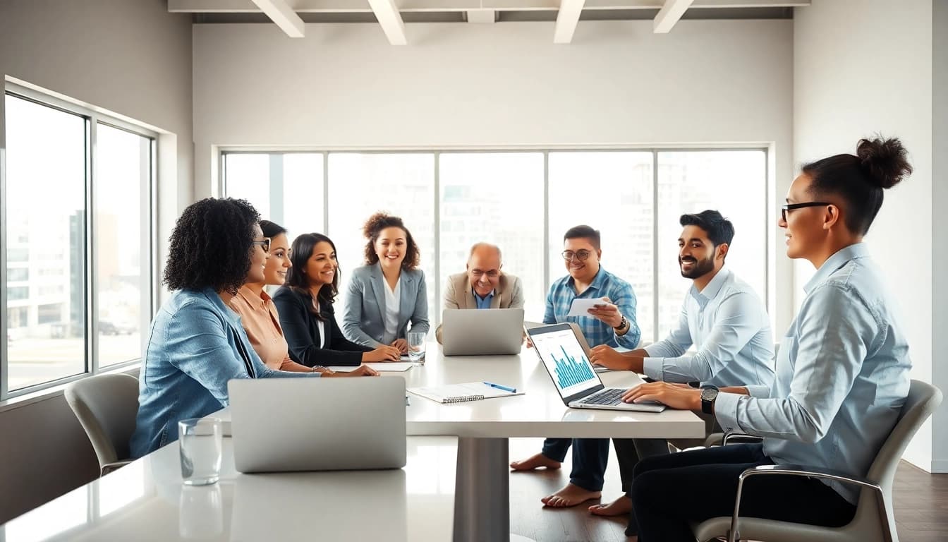 Collaborative professionals discussing Bid-No-Bid Analysis in a modern meeting room.