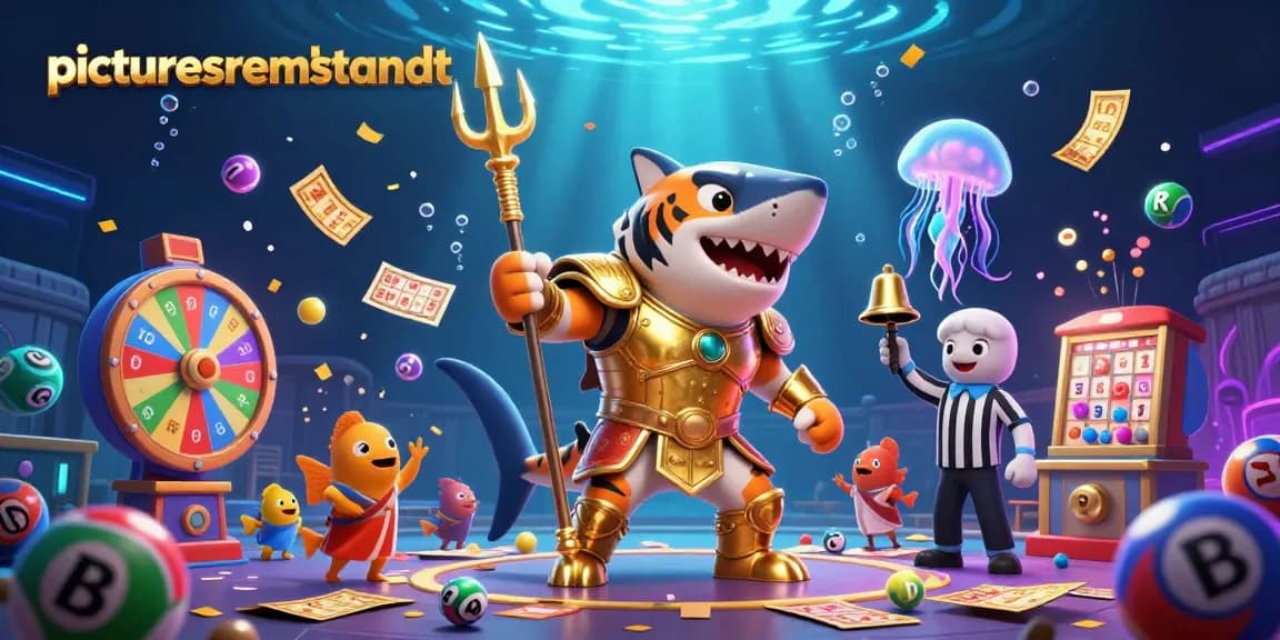Gambarkan permainan slot di picturesrembrandt dengan hiu kartun bersenjata trident di arena bawah laut.