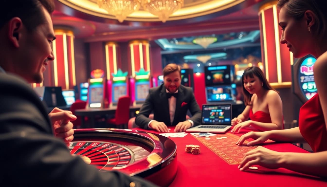 Players strategizing their bets at a luxurious 6RWIN casino poker table with roulette in the background.