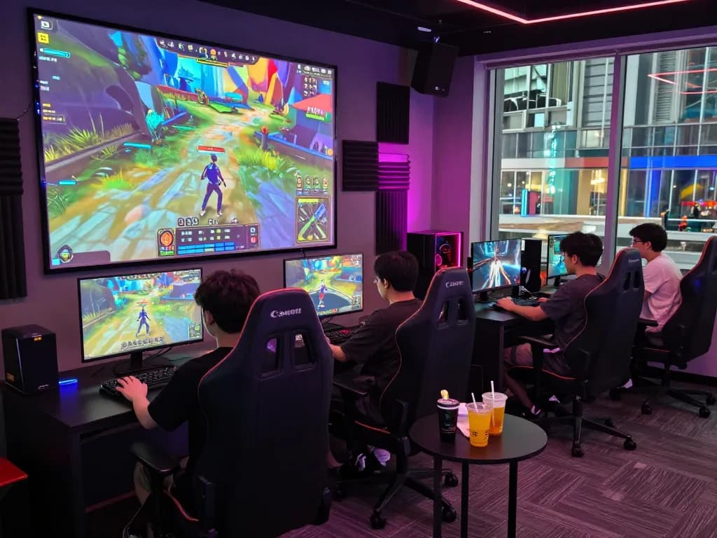 Gamers enjoying multiplayer action on ligasedayu.com in a colorful gaming room