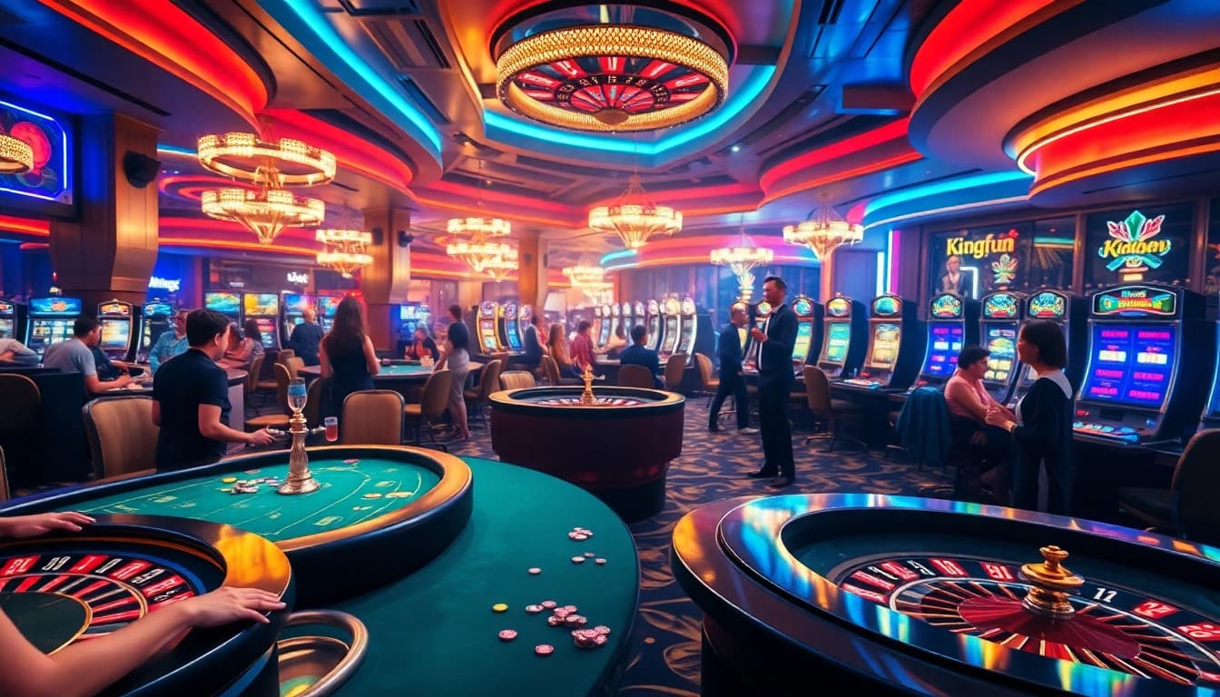 Kingfun enhances the excitement of a luxury casino experience with vibrant tables and slot machines.