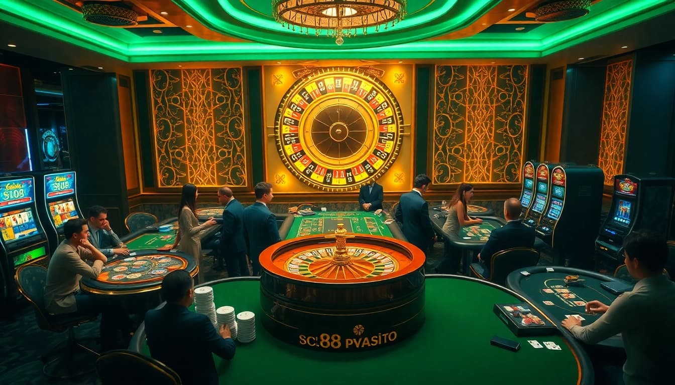 Experience thrilling gaming action with sc88 gaming elements like roulette wheels and vibrant poker tables.