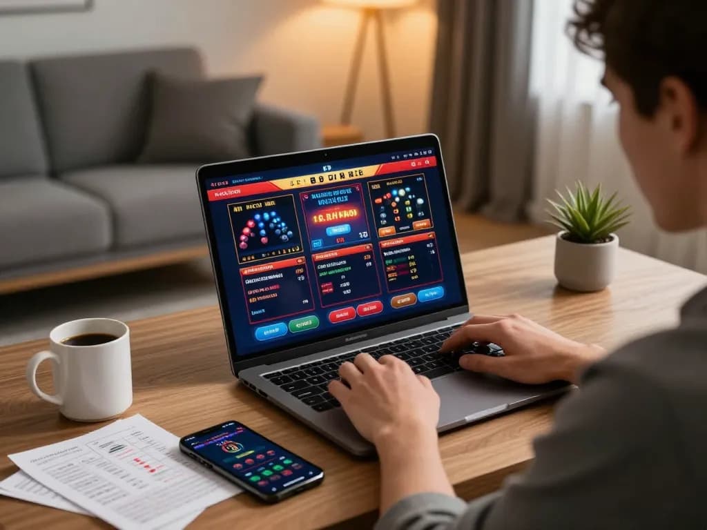 Engaged player at home using 678vip platform for online gambling with strategic notes and warm lighting.