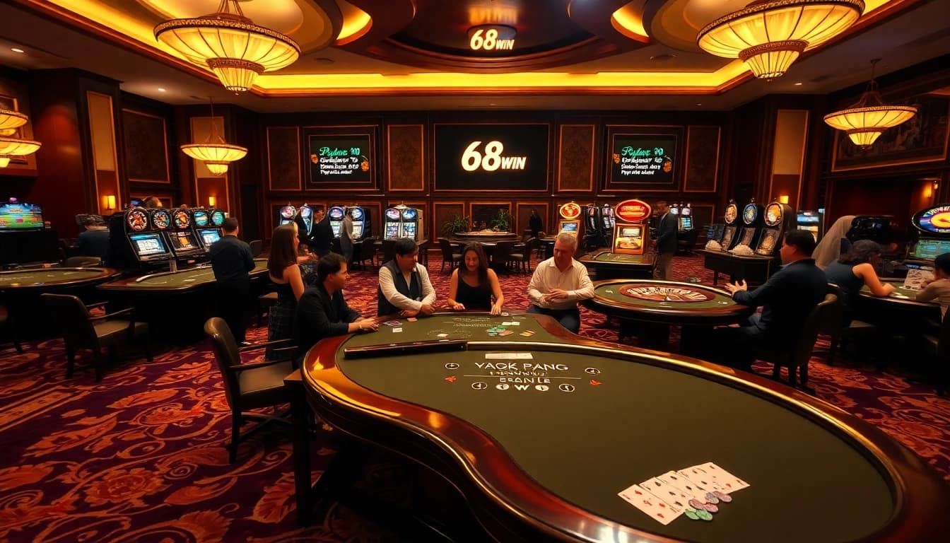 Experience the excitement of trang chủ 68WIN with players engaged at an upscale casino table.