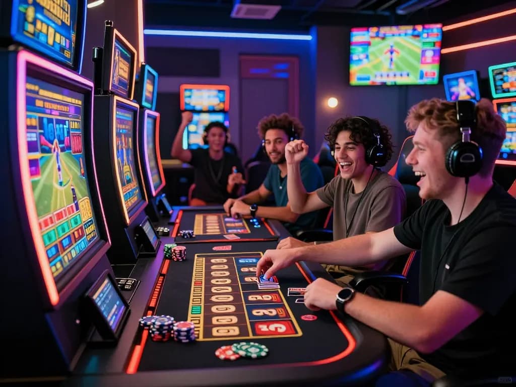 Players enjoying thrilling online gaming experience at ligasedayu with vibrant slot machines and casino atmosphere.