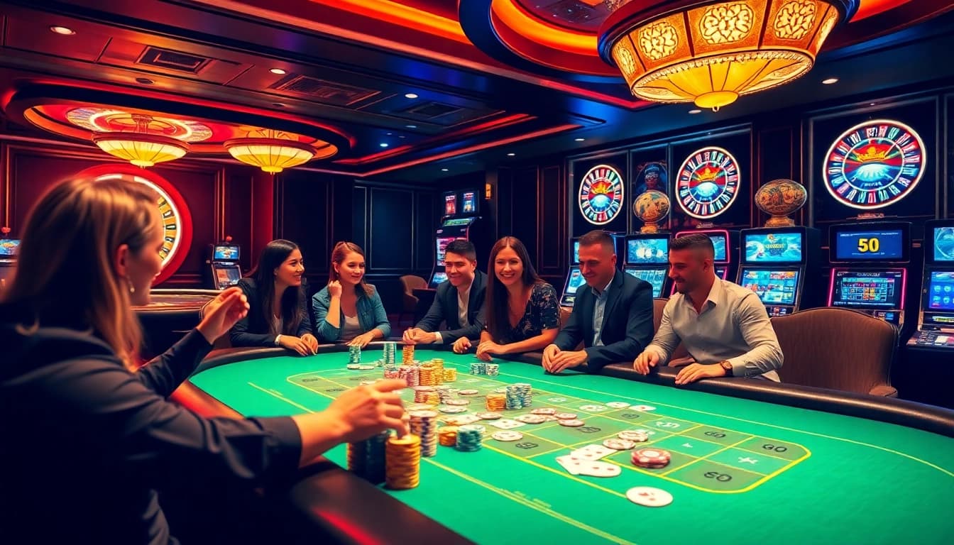 Experience the thrill of nohu90 at a luxurious casino table filled with poker chips and cards.