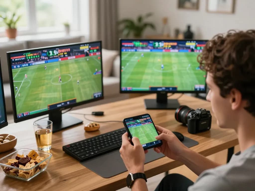 Engaging in live sports betting using https://cm888.mobi/ with a smartphone while enjoying a lively home atmosphere.