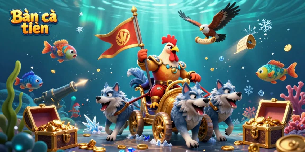 Experience the thrilling adventure of Bắn cá tiên in this vibrant 3D underwater scene filled with treasures and dynamic elements.