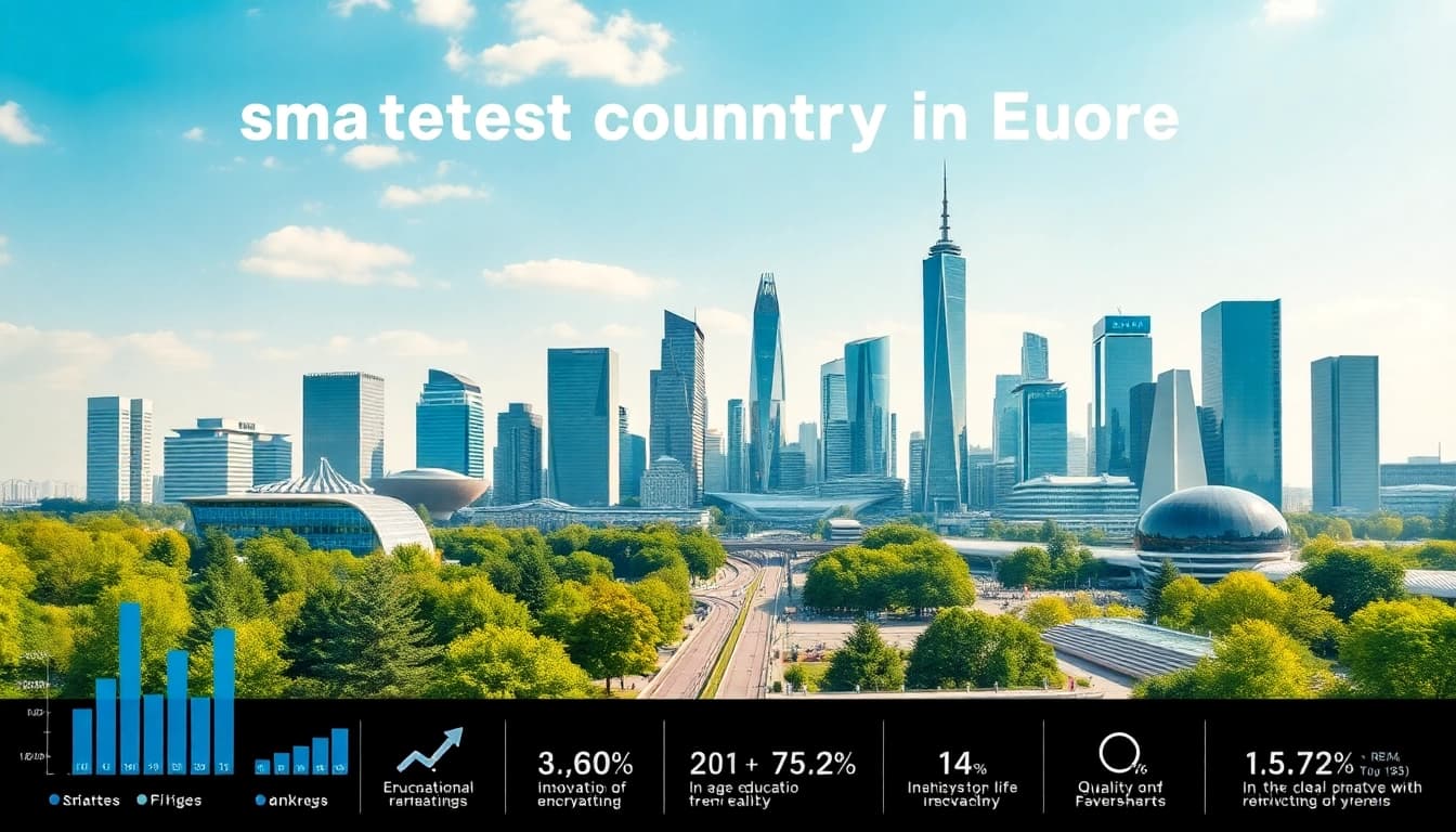 Showcasing the smartest country in Europe through a vibrant city skyline illustration with modern architecture.