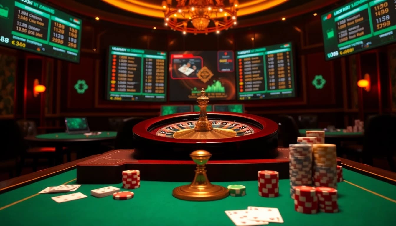 Experience the excitement of uu88 online gambling with poker chips and a roulette wheel.