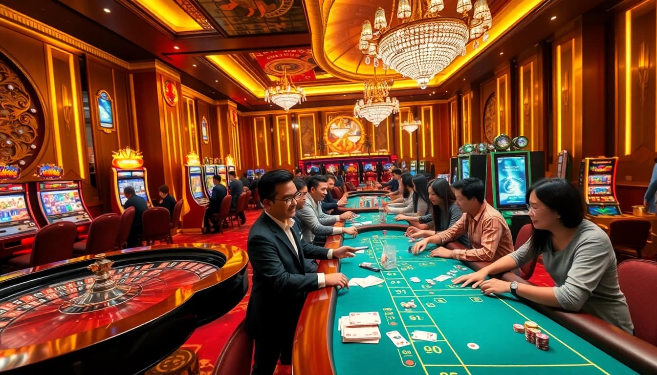 Players enjoying dynamic gambling experiences at XX88 casino with poker tables and vibrant slot machines.
