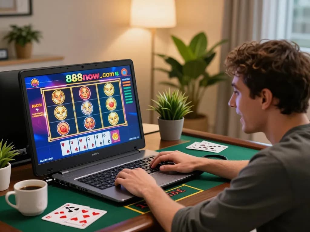 Engaged player experiencing exciting gaming moments on 888now com from a cozy home setup