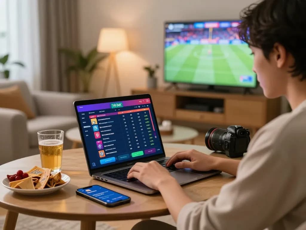 Engaged user enjoying Hu bet online betting experience at home with laptop and sports display.