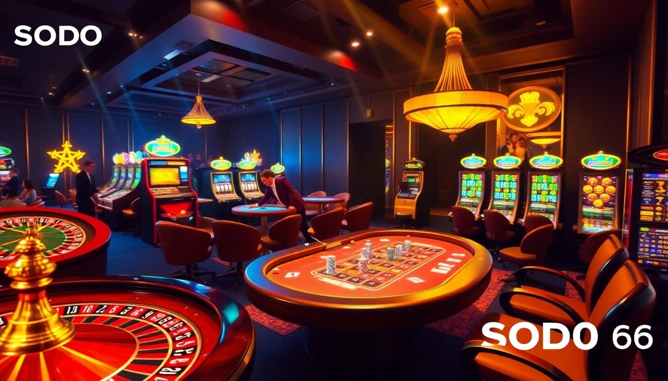 Experience the thrill of SODO66 in a luxurious casino setup filled with roulette wheels and poker tables.