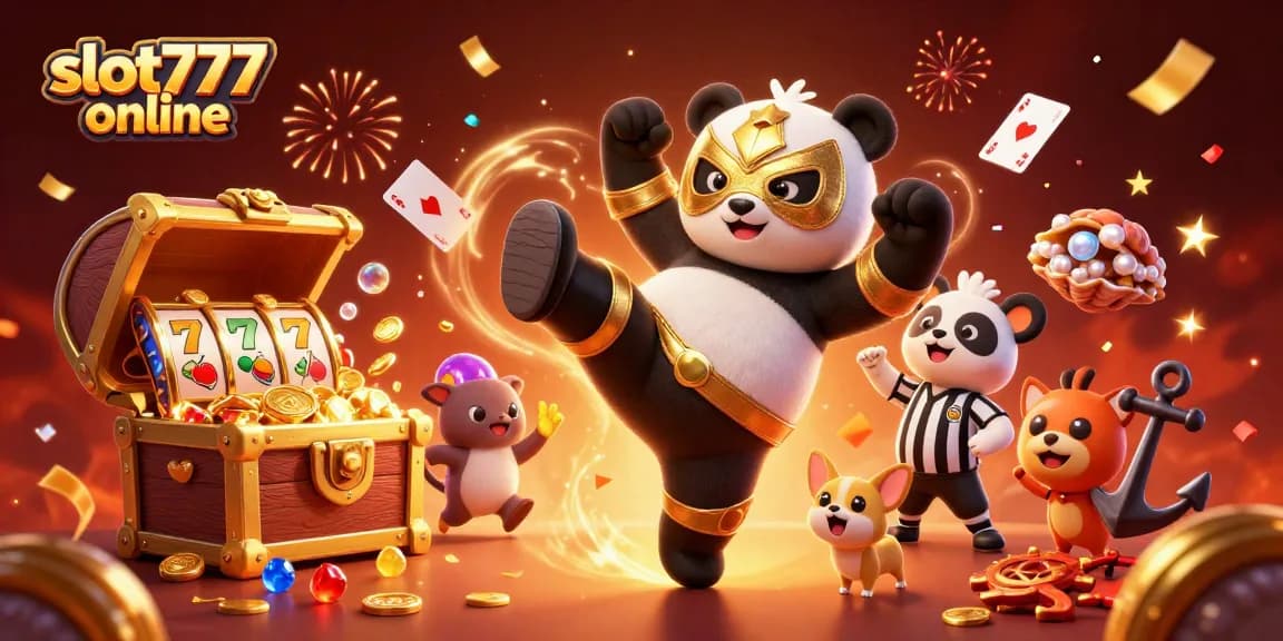 Experience thrilling spins with slot777 online in this vibrant casino illustration featuring a panda wrestler.