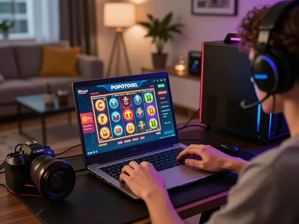 Engaged user playing on POPOTOGEL, showcasing vibrant slot games and modern gaming setup.