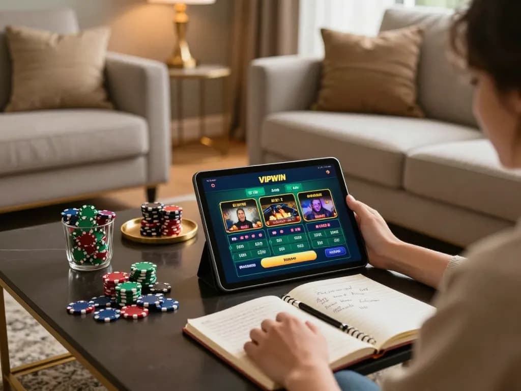 Engaging in online gaming at VIPWIN with a cozy setup showcasing strategic planning and relaxed atmosphere.