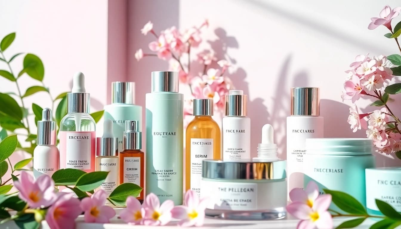 K-beauty hudvårdsprodukter presenterade i elegant mjukt ljus och pastellnyanser.