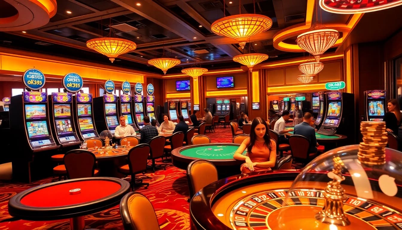 Excited players engaging at the OK365 online casino with vibrant table games and slot machines.
