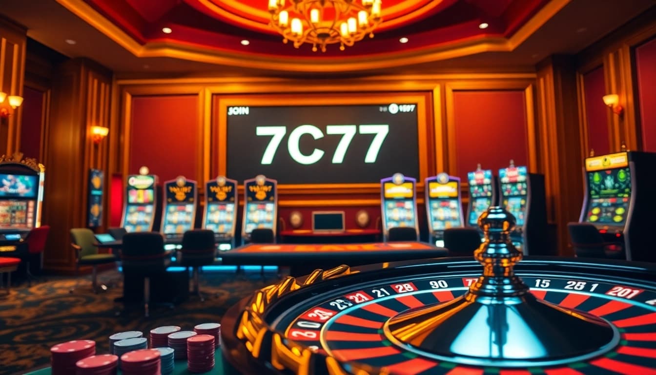 7C77 casino scene showcasing a luxurious poker table and vibrant slot machines.