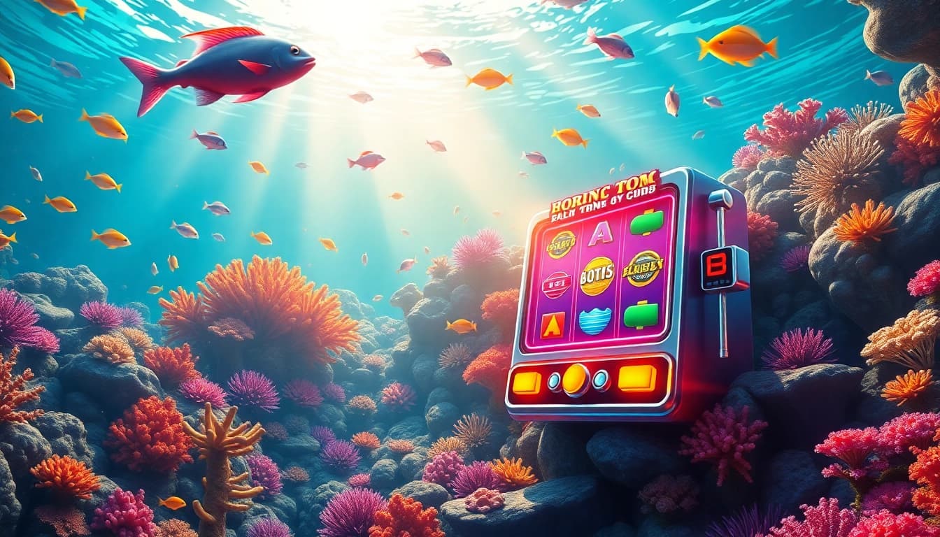 Bắn cá đổi thưởng gameplay with vibrant sea life and casino elements in a dynamic underwater scene