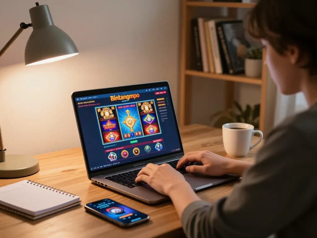 Orang yang berinteraksi dengan kasino online bintangmpo di laptop dalam ruang kerja rumah yang nyaman.