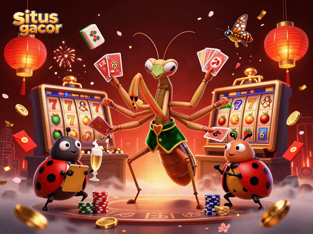 Engage with situs gacor as the mantis card sharp deals cards and chips in a vibrant casino scene.