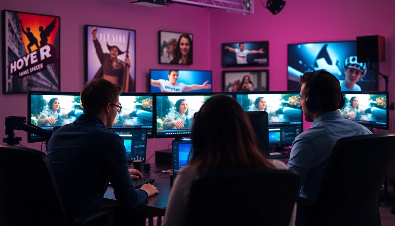 Professional video editors skillfully editing footage in a vibrant studio setting.