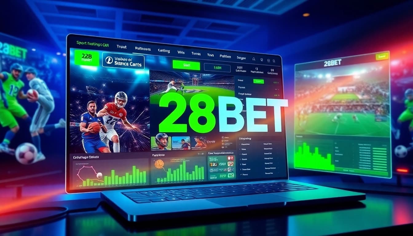 Online betting interface showcasing 28BET with dynamic sports visuals and interactive elements.