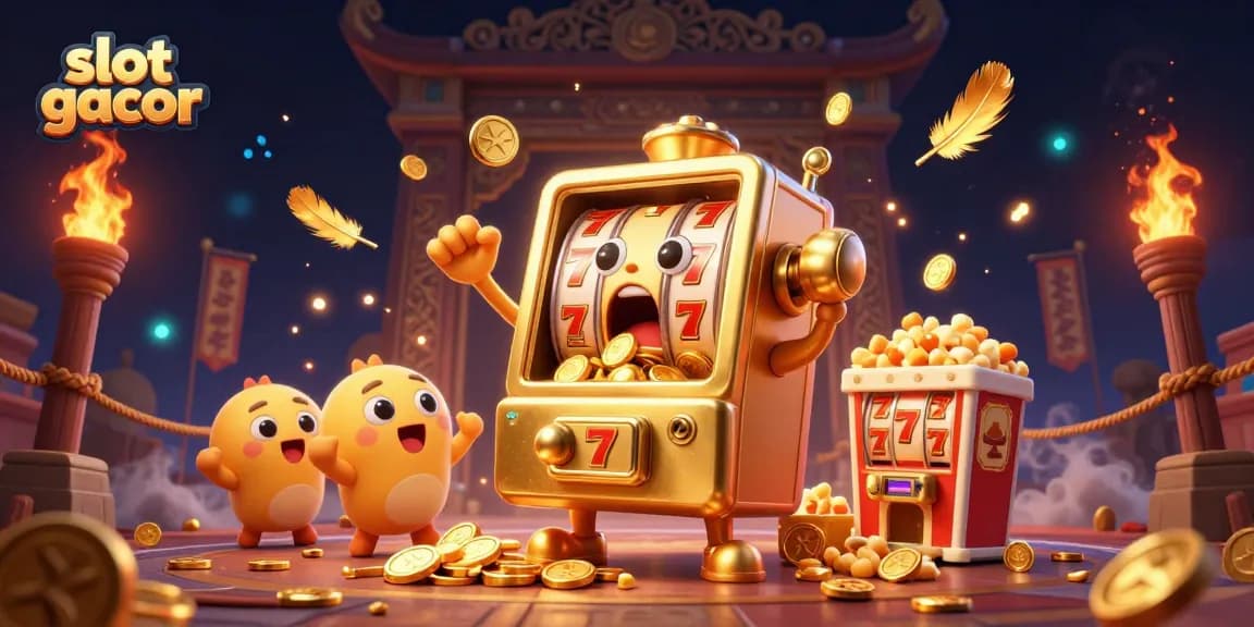 Slot gacor menunjukkan mesin slot emas yang terkejut meraih jackpot, dikelilingi simbol keberuntungan.