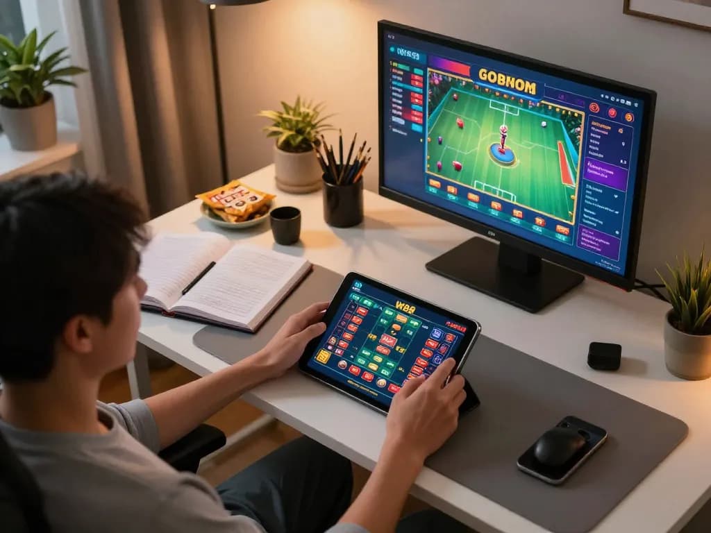 Player engaging with W88 casino games via tablet, showcasing a warm home gaming setup.