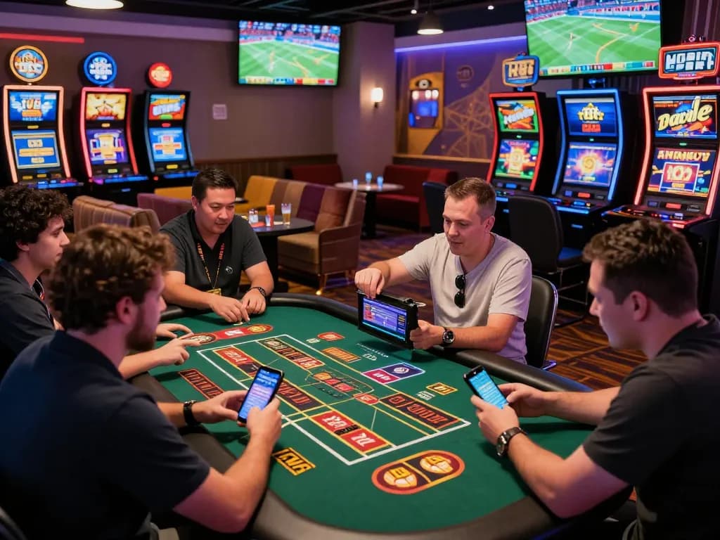 Diverse players using the tv88 link at a lively casino with vibrant gaming tables and promotional banners.