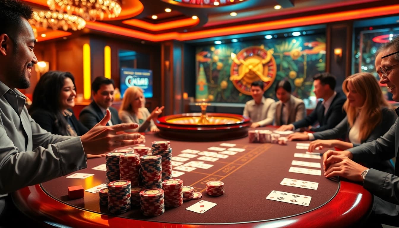 Players engaging with the QQ88 gaming table, immersed in a thrilling casino atmosphere.