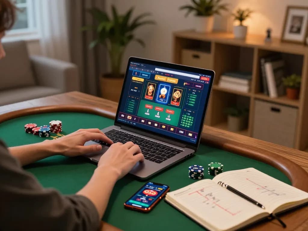 Engaging in online poker with rik88 vip on laptop, showcasing strategic gaming setup and cozy atmosphere