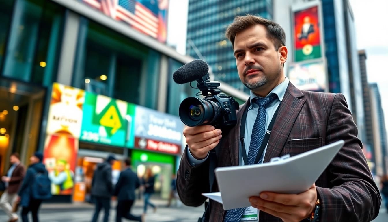 Capture the essence of https://spectacle.com.ua with a journalist reporting in a vibrant city environment.