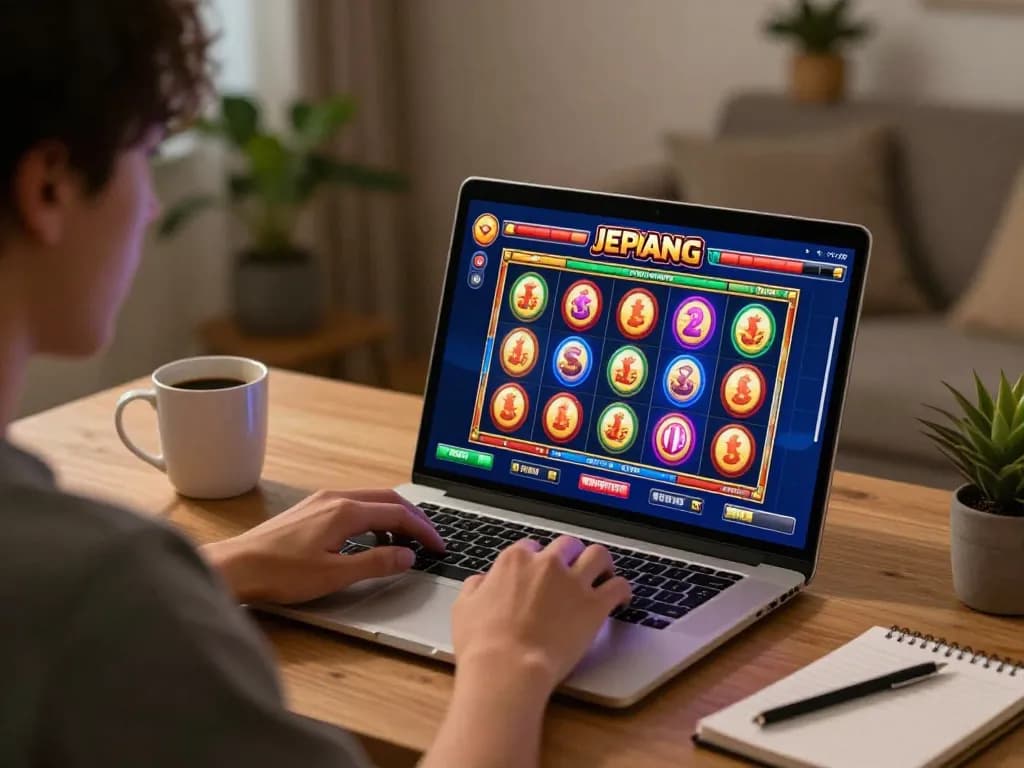 Person engaged in a slot jepang game on a laptop, showcasing strategic gameplay in a cozy home setting.