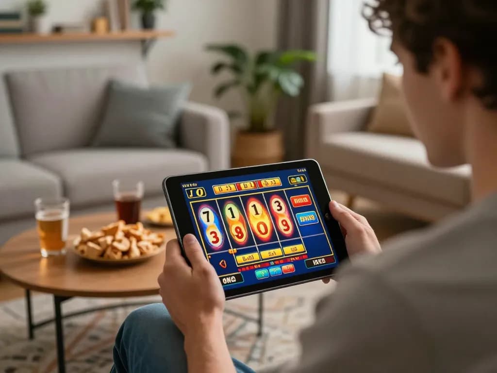 Pemain menikmati permainan slot hoki88 di tablet di ruang tamu yang nyaman, menyoroti pengalaman perjudian online yang santai.