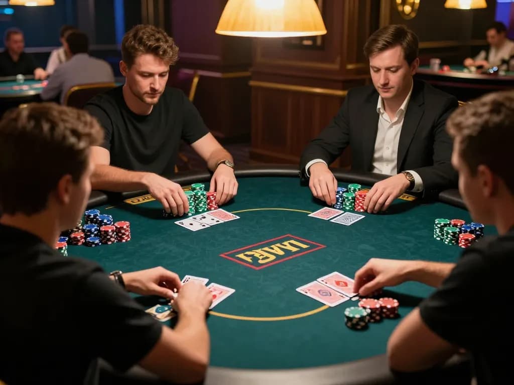 FABET poker players betting at a premium felt table under warm lighting, showcasing excitement and strategy.