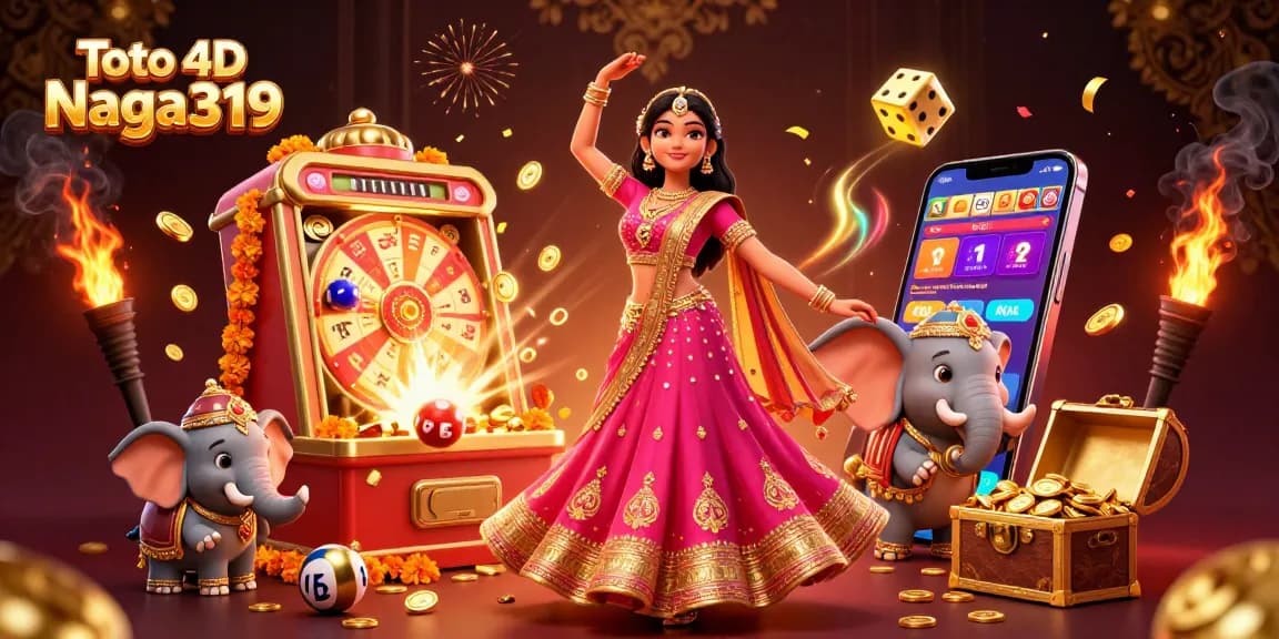 Toto 4D Naga319 winning lottery scene with vibrant character, prize wheels, coins, and energetic elements.