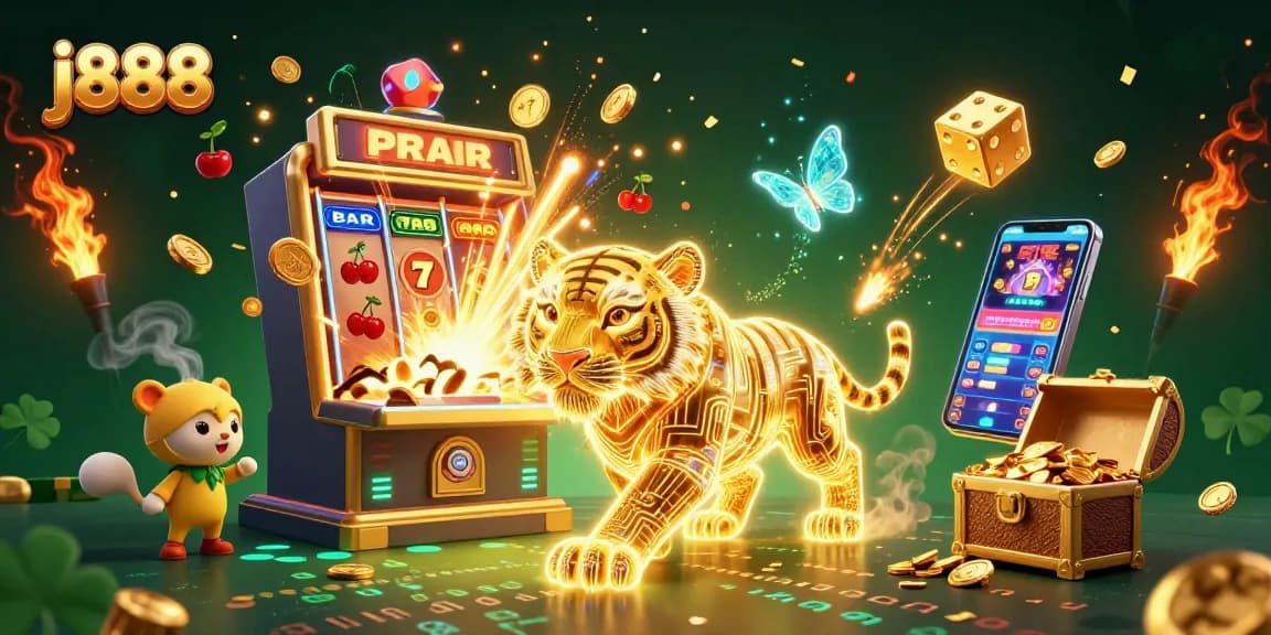 Spin the reels at j888 with dazzling 3D visuals of a golden tiger and jackpot excitement in a casino.