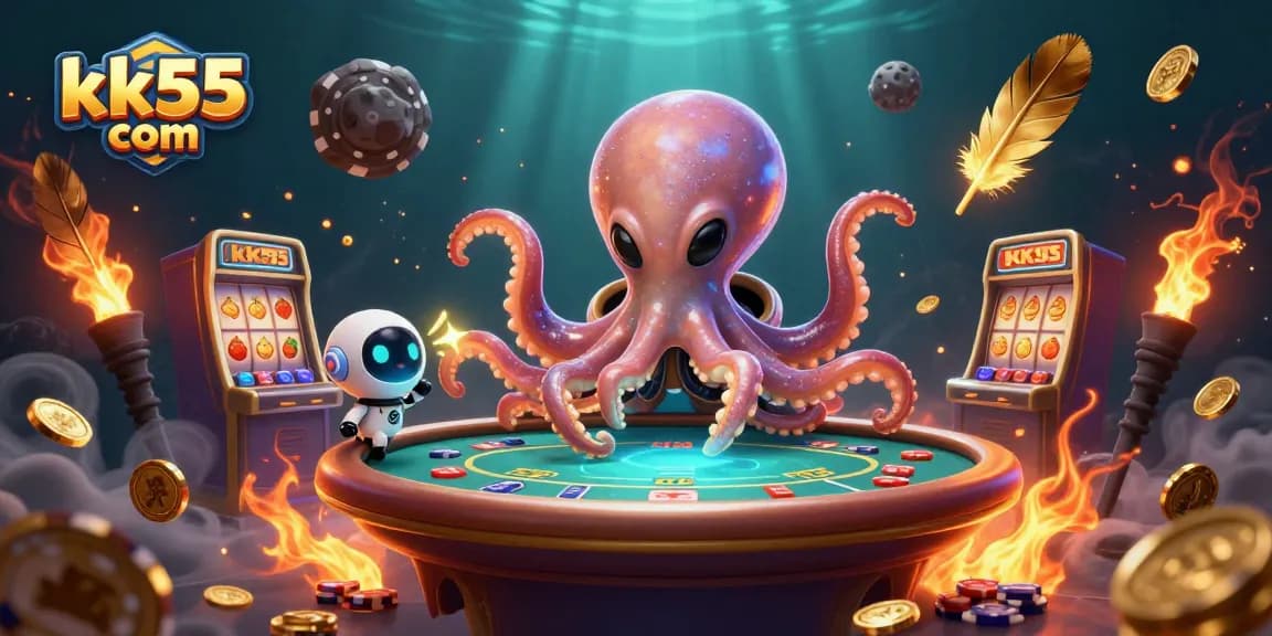 Experience thrilling action with kk55 com at holographic poker tables, surrounded by vibrant casino elements.