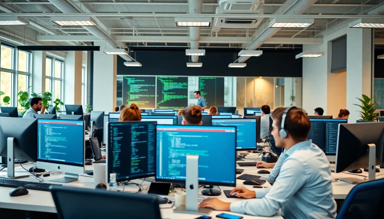 Dynamic team at a web development company collaborating on innovative projects.