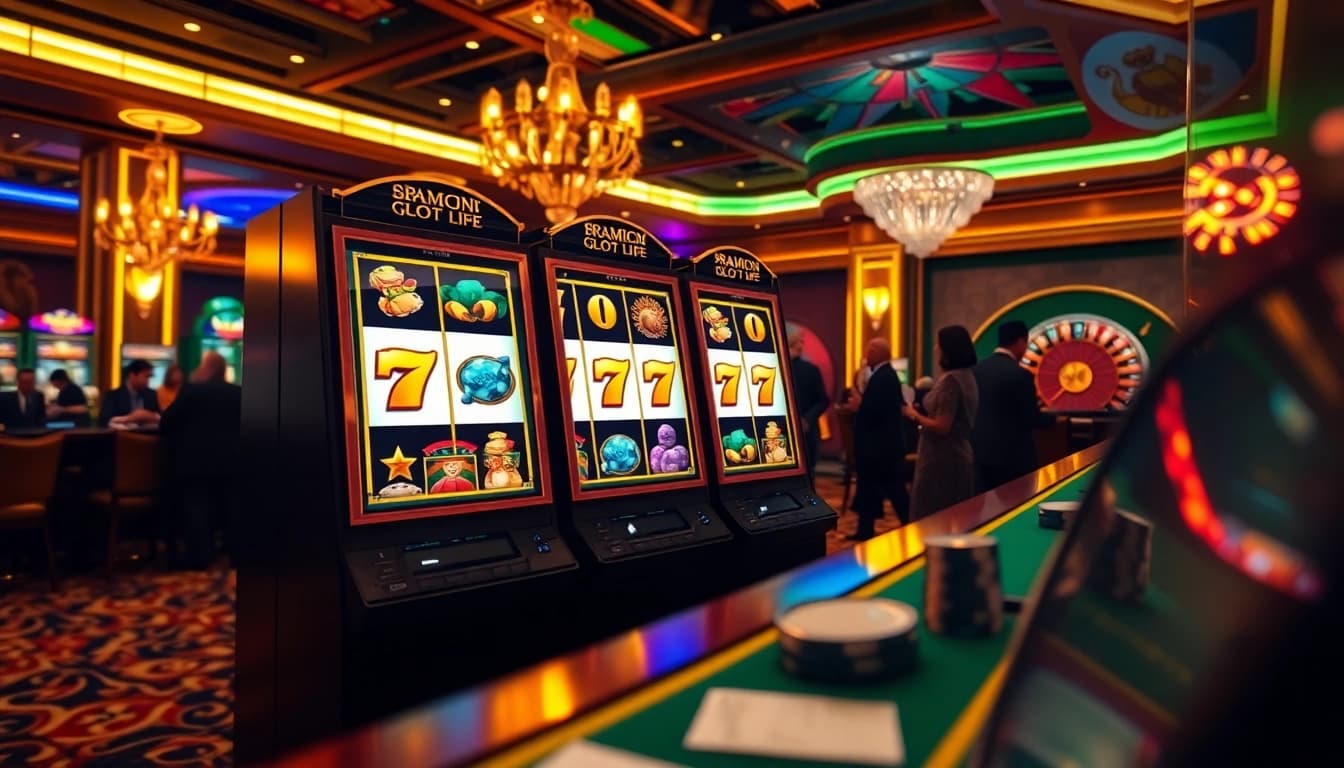 Players excitedly engaging with a pragmatic slot machine in a luxurious casino setting.