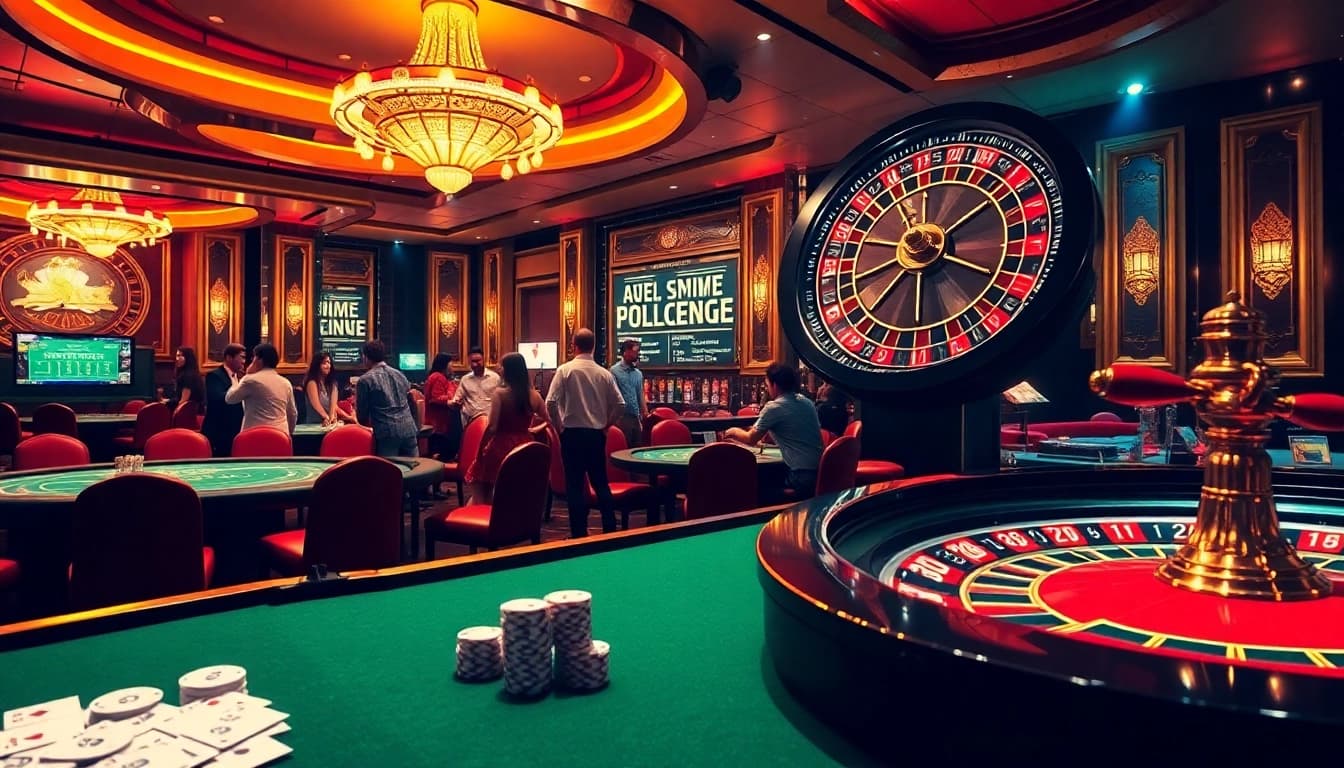 Exciting gambling scene depicting tables, roulette wheel, and vibrant lights at https://j88.gives/ casino.