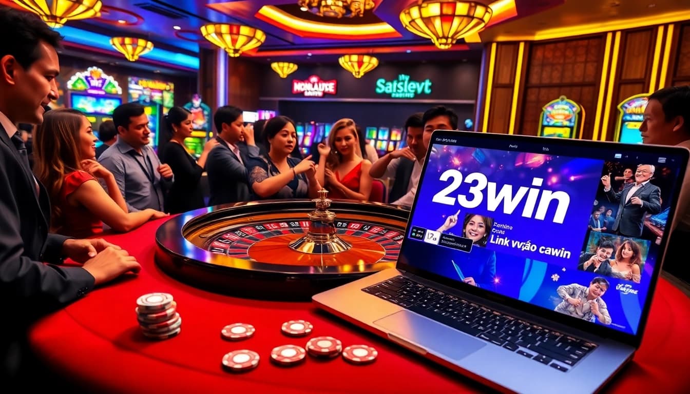 Experience the excitement of Link vào 23win with players engaged at a luxurious casino table.