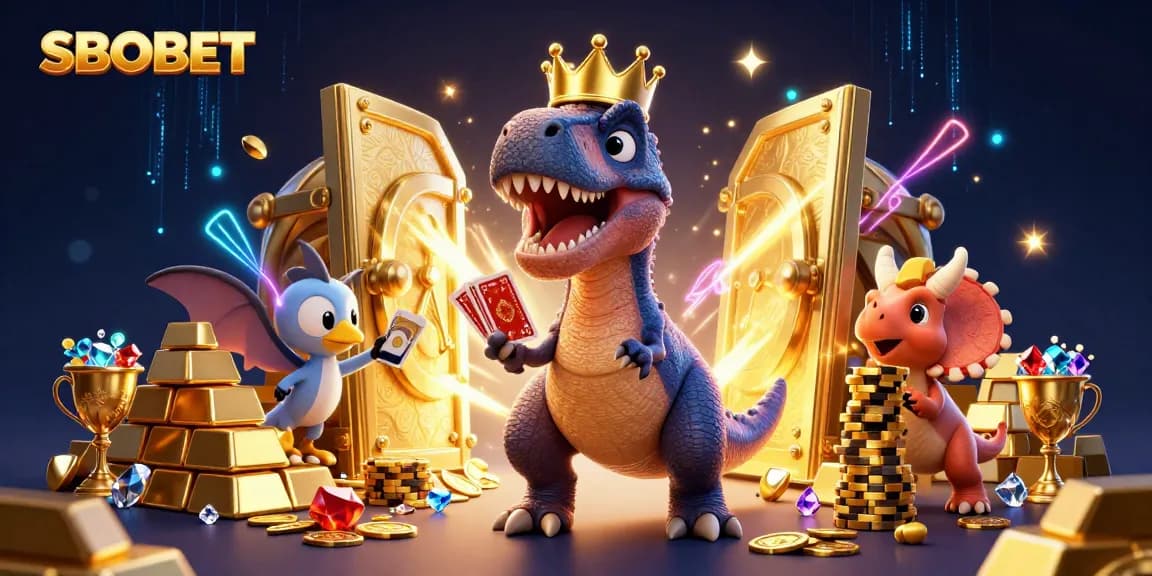 SBOBET offers exciting gaming, featuring a friendly dinosaur dealer and vibrant casino treasures