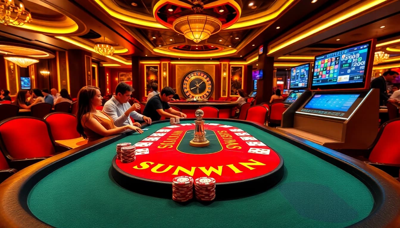 Players enjoying a thrilling SUNWIN poker game at a luxurious casino table.